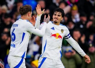 Leeds captain Pascal Struijk with a four-word message in his celebration of the victory over Derby