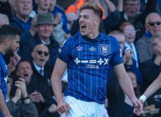 Ipswich striker Liam Delap takes a look in the direction of Old Trafford and decides on something other than Manchester United