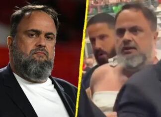 Evangelos Marinakis seen with torn shirt after “clash in the stands”
